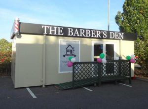 Portable office or trading unit for Barbers Den, Asda Colchester supplied by Trading Spaces, Essex